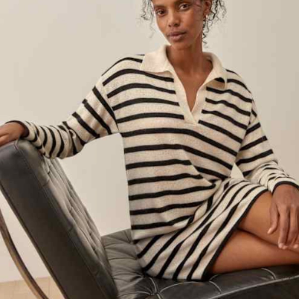 Reformation Doreen Cashmere Polo Dress Gossamer Black Stripe - Size L